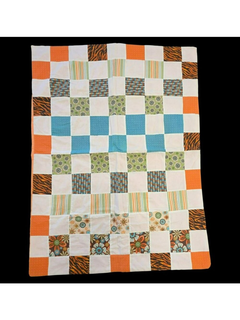 Handmade Patchwork Quilt Lightweight 50X37 Orange Blue Green Stripe Animal Print
